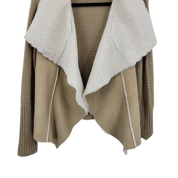 Boho Cardigan M Tan Sherpa Faux Suede Open Waterfall Large Collar Country Vegan - Picture 5 of 9